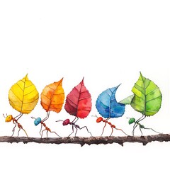 Canvas Print - Ants Carrying Colorful Autumn Leaves.