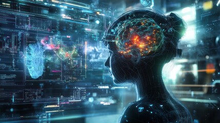 Poster - Digital brain with virtual reality integration, blending AI with immersive environments for real-time interactive experiences.