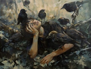 Canvas Print - A Man Sleeping in a Forest Surrounded by Crows