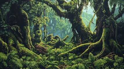 Wall Mural - lush green forest with moss covered trees and foliage.