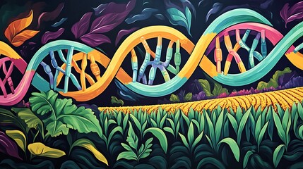 Aufkleber - A vibrant illustration of a double helix DNA strand hovering over a field of green plants with a dark background.