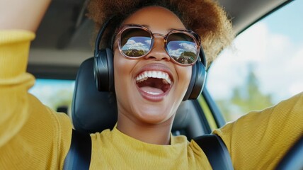 Poster - Happy woman driving with headphones, enjoying the sunny day, surrounded by beautiful scenery on a road trip