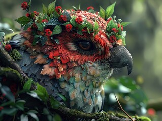 Sticker - Enchanted Owl: A Digital Painting of a Bird Adorned with Flowers