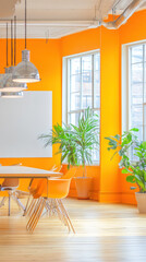 Sticker - A vibrant office space with orange walls, plants, and modern furniture for collaboration.