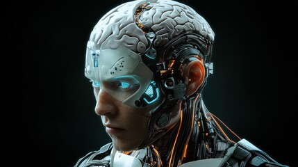 Poster - Hybrid human-AI brain concept, merging human intelligence with artificial systems for enhanced cognitive abilities.