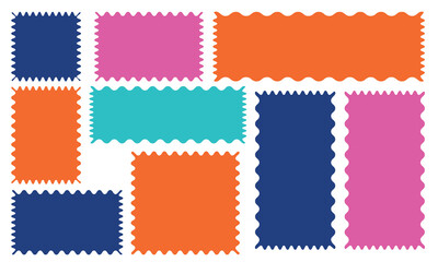 Aufkleber - Color rectangle frames with wiggly borders. Torn paper, jagged rectangular shape box element set with zigzag edges . Geometric zig zag wavy labels,  isolated on white  background. EPS 10