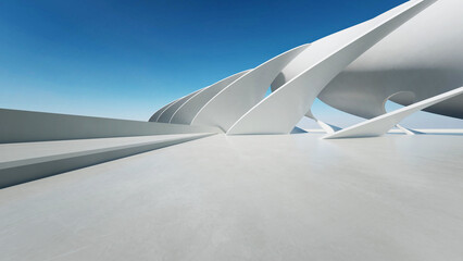 Wall Mural - 3d render of white futuristic architecture, abstract wavy structure with empty concrete floor