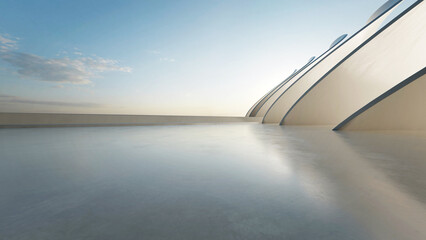 Aufkleber - 3d render of white futuristic architecture, abstract wavy structure with empty concrete floor
