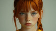© HQAsset - A Close-up Portrait of a Young Girl with Red Hair and Freckles, Looking Directly at the Camera with a Serious Expression