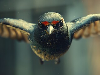 Wall Mural - Black Bird in Flight: A Close-Up View