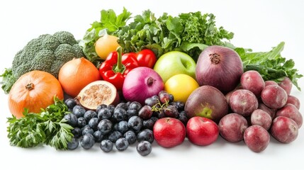 Natural food on white background: Whole, unprocessed natural foods like fruits, vegetables, and grains displayed on a white background to emphasize their health and freshness.