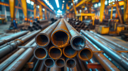 Poster - pipes in a production line within a construction warehouse, highlighting the industrial setting and 