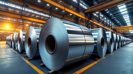 Large stainless steel coils arranged in an industrial warehouse, highlighting modern design and efficient storage solutions in a manufacturing environment.