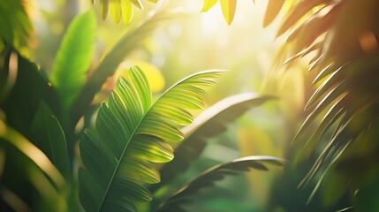 Wall Mural - lush green leaves with sunbeams shining through.