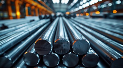 Poster - Steel Bars Stacked in a Warehouse Environment. Round steel bars stacked neatly in an industrial warehouse. The shiny surface reflects light, creating a modern and organized storage environment.