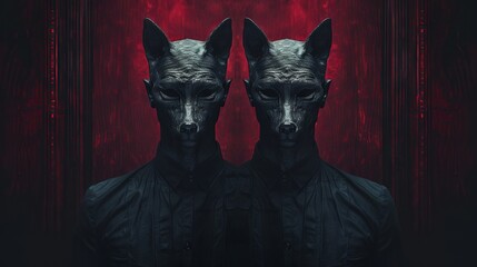 Two humanoid figures in dark clothing wearing cat like masks, standing symmetrically against a red-lit background, exuding an eerie, mystical atmosphere