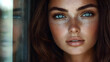 © HQAsset - A Woman with Freckles and Blue Eyes Gazes Through a Window,  Her Reflection Blurs in the Glass,  Soft Light Illuminates Her Face