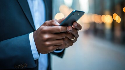 Poster - Professional using mobile phone for business transactions, client management, and project coordination.