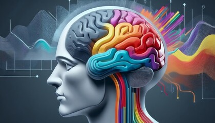 Poster - A 3D illustration depicting the human brain with colorful neural pathways extending outward, symbolizing  connection, thought, creativity, intelligence, and innovation.