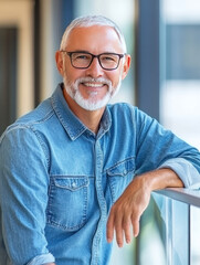 Poster - A smiling older man with glasses poses confidently in a modern indoor setting.