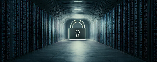 Poster - computer monitor displaying a massive digital padlock in the center, surrounded by code, high-tech s