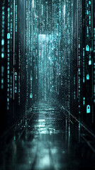 Poster - server room with dark lighting, rows of computers and digital padlocks hovering above, complex encry