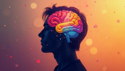 Poster - A colorful illustration of a human brain, symbolizing creativity, intelligence, mental health, innovation, and human potential.