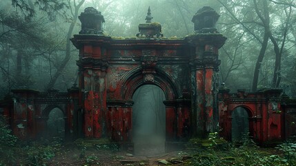 Sticker - Enchanted Gateway: An Overgrown Ruin in a Foggy Forest