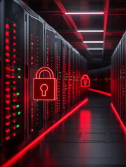 Poster - Rows of server computers with digital padlocks floating above each, dark ambiance with glowing data lines, cyber-security