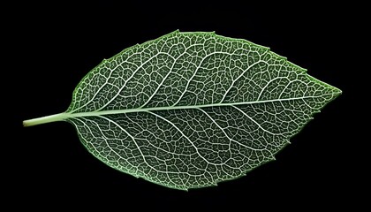 Wall Mural - A Single Green Leaf with Visible Veins Against a Black Background