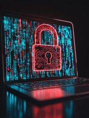 Poster - a modern office setting with a laptop, digital padlock projected in 3d over the screen, holographic 