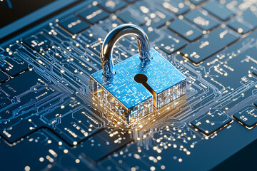 Poster - A close-up of a digital padlock over a laptop keyboard, cyber-security focus, intricate code running in the background