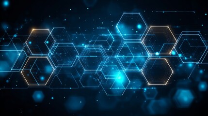 Poster - A futuristic digital pattern featuring glowing hexagons and particles against a dark background, creating a technology-inspired visual effect