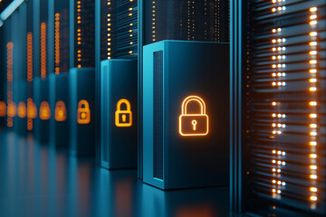 Poster - Server racks with digital padlocks securing each unit, glowing lights and circuits visible, dark techy atmosphere