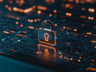 Poster - Digital padlock integrated into a laptop screen, high-tech encryption running in the background, data protection concept