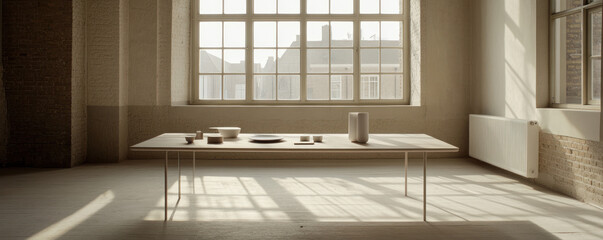 Wall Mural - A minimalistic interior with a table set for dining, featuring simple dishware and natural light.