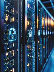 Poster - rows of server computers with digital padlocks floating above each, dark ambiance with glowing data 