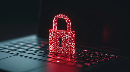 Poster - Close-up of a digital padlock attached to a laptop hinge, illuminated security interface, high-tech design