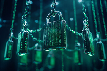 Poster - Server room filled with digital padlocks guarding each server, green and blue data flowing through wires, futuristic theme