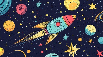 Poster - A cartoon rocket ship flying through space with planets and stars.