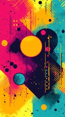 Poster - Colorful abstract design with circles and geometric shapes in vibrant yellow, pink, and blue tones