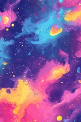 Poster - Vibrant cosmic abstract background showcasing swirling colors in shades of blue, pink, yellow, and purple with specks of light