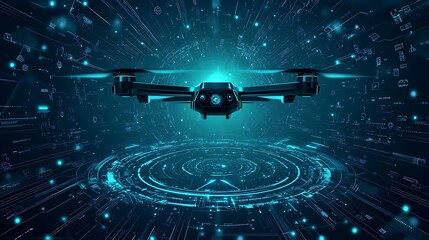 Poster - Futuristic drone flying through a digital portal.