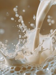 Aufkleber - A stream of milk cascades into a bowl, creating exciting splashes against a warm kitchen background. Generative AI