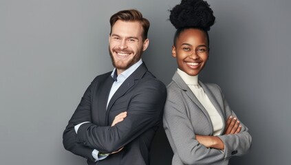 Wall Mural - Photo of two happy diverse professional people, smiling at the camera, wearing a business suit dressed in a grey. multi ethnic business couple posing arms crossed copy space and new isolated