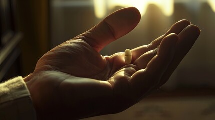 Fototapete - A hand delicately cradles a pill, illuminated by gentle morning sunlight streaming through a nearby window. Generative AI