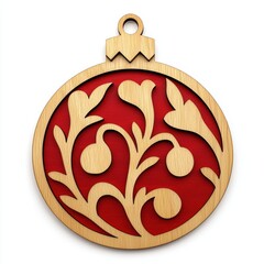 Decorative wooden ornament with intricate floral design on a red background. Ideal for festive decor and holiday celebrations.