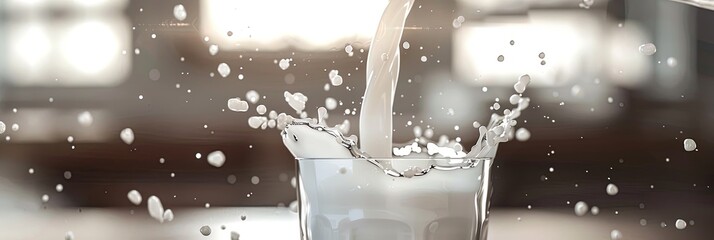 Milk is being poured into a glass, causing a dynamic splash and droplets to fly in a well-lit kitchen setting. Generative AI