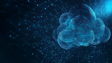 Poster - Abstract blue cloud computing concept with glowing lines and dots on dark background.
