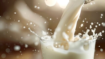 Poster - A hand tilts a bottle, pouring fresh milk, which splashes and creates droplets around a glass in a cozy kitchen atmosphere. Generative AI